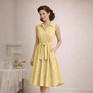 Yellow Gingham Sleeveless Midi Dress Belted 50s Retro Cottagecore | Small